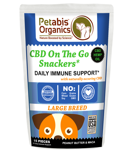 CBD On The GO 5 mg. IMMUNE SNACKERS 15 Pieces* 5 MG LARGE BREED 15 Pieces PB & MACA TREATS* 1.98 Oz. Bag